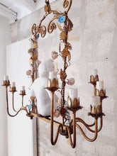 Load image into Gallery viewer, Excpt. XL Italian Mid-Century Gilt Iron Cherub Floral Chandelier Ceiling 10light
