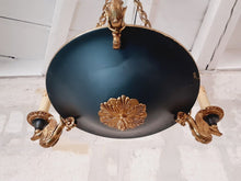 Load image into Gallery viewer, Vintage French 3 Arms Ormolu Bronze Tole Chandelier Ceiling Empire Swans L. GAU
