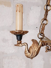 Load image into Gallery viewer, Vintage French 3 Arms Ormolu Bronze Tole Chandelier Ceiling Empire Swans L. GAU
