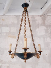 Load image into Gallery viewer, Vintage French 3 Arms Ormolu Bronze Tole Chandelier Ceiling Empire Swans L. GAU
