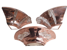 Load image into Gallery viewer, Antique Set 2x Anglewall 1x Wall Light Sconce ART DECO Glass &amp; Copper metal 1930
