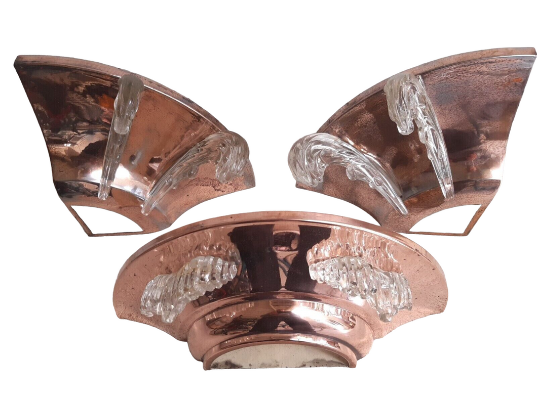 Antique Set 2x Anglewall 1x Wall Light Sconce ART DECO Glass & Copper metal 1930