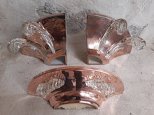 Load image into Gallery viewer, Antique Set 2x Anglewall 1x Wall Light Sconce ART DECO Glass &amp; Copper metal 1930
