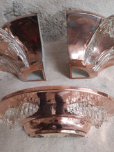 Load image into Gallery viewer, Antique Set 2x Anglewall 1x Wall Light Sconce ART DECO Glass &amp; Copper metal 1930
