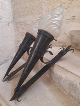 Load image into Gallery viewer, Pair French Wall Light Torch Gothic Castle Iron 1930 Medieval - LYS Flowers
