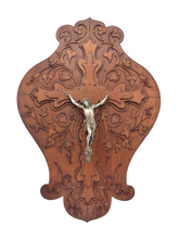 Load image into Gallery viewer, Antique French Crucifix Wood Plaque Religious Cross Frame RARE 19th Jesus
