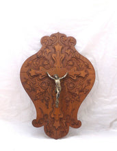 Load image into Gallery viewer, Antique French Crucifix Wood Plaque Religious Cross Frame RARE 19th Jesus
