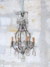 Load image into Gallery viewer, 19TH French Antique Crystal Prisms Plaques Drops Cage Chandelier Purple Brass
