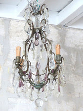 Load image into Gallery viewer, 19TH French Antique Crystal Prisms Plaques Drops Cage Chandelier Purple Brass
