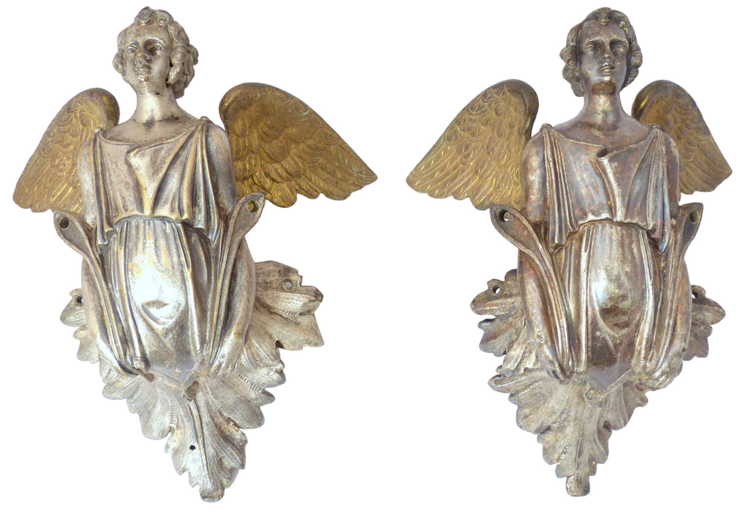 19TH PAIR Antique Religious RARE Winged Angel Putti Statue Silverplate Bronze 9