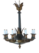 Load image into Gallery viewer, HUGE Antique French 8 Arms Ormolu Bronze Tole Chandelier Ceiling Empire 19TH
