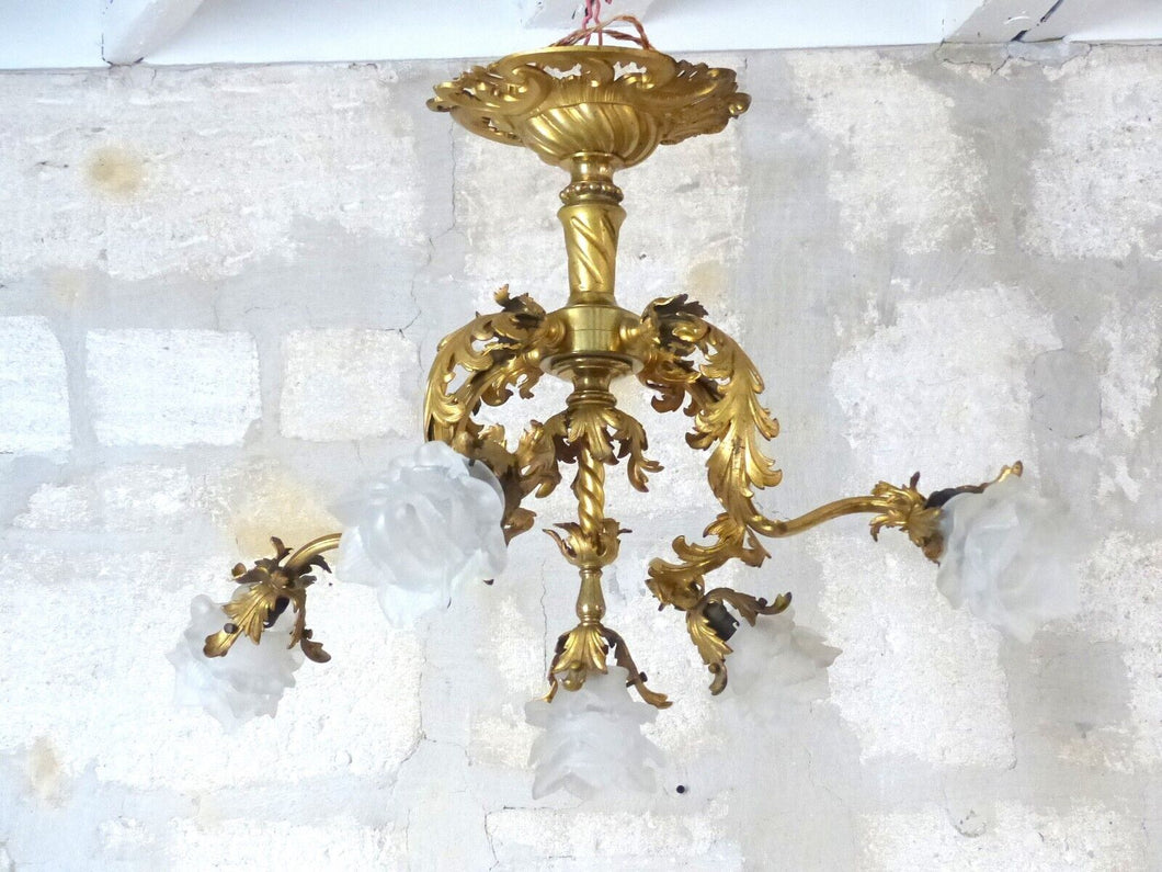 Excpt Large French Gilded Bronze Louis XV Rococo Chandelier 5 fires Shades 19TH