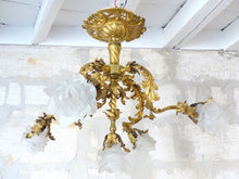 Load image into Gallery viewer, Excpt Large French Gilded Bronze Louis XV Rococo Chandelier 5 fires Shades 19TH
