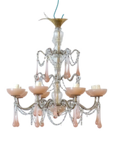 Load image into Gallery viewer, OMG Antique Chandelier PINK Opaline Drops Cup Beads 1930 MURANO RARE 8 lights
