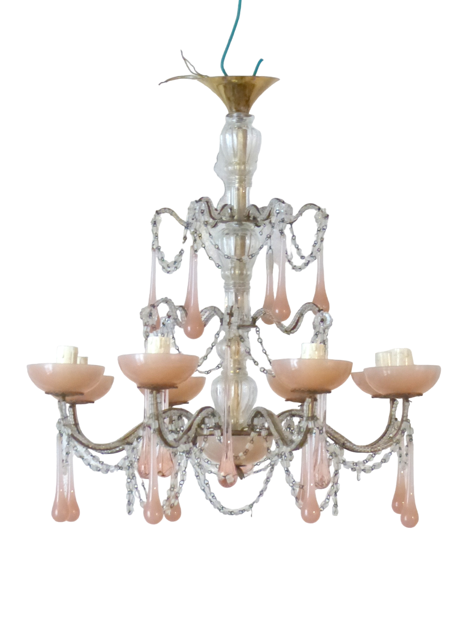 OMG Antique Chandelier PINK Opaline Drops Cup Beads 1930 MURANO RARE 8 lights