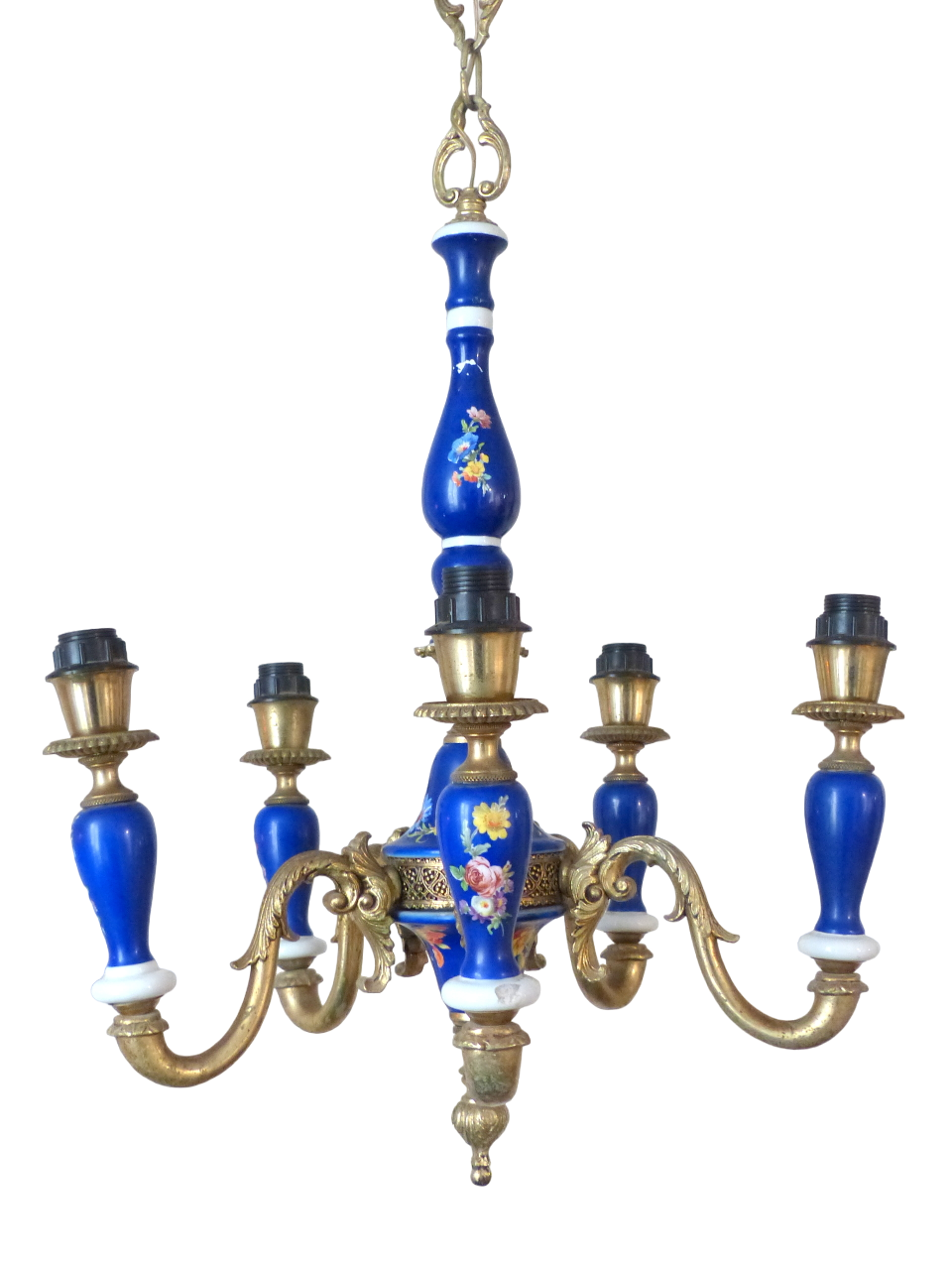 Charming Vintage 1950 Ceramic Cobalt Blue Chandelier Gilded metal 5 lights