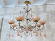 Load image into Gallery viewer, OMG Antique Chandelier PINK Opaline Drops Cup Beads 1930 MURANO RARE 8 lights
