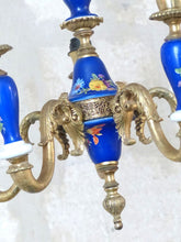 Load image into Gallery viewer, Charming Vintage 1950 Ceramic Cobalt Blue Chandelier Gilded metal 5 lights
