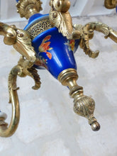 Load image into Gallery viewer, Charming Vintage 1950 Ceramic Cobalt Blue Chandelier Gilded metal 5 lights
