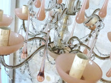 Load image into Gallery viewer, OMG Antique Chandelier PINK Opaline Drops Cup Beads 1930 MURANO RARE 8 lights
