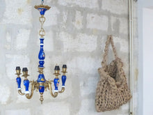 Load image into Gallery viewer, Charming Vintage 1950 Ceramic Cobalt Blue Chandelier Gilded metal 5 lights
