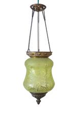 Load image into Gallery viewer, Gorgeous French Lantern Baccarat Style 1900 Brass Chandelier Ceiling Green Glass
