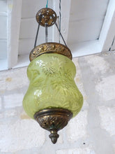 Load image into Gallery viewer, Gorgeous French Lantern Baccarat Style 1900 Brass Chandelier Ceiling Green Glass
