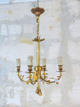 Load image into Gallery viewer, French Antique Bronze Louis XVI Chandelier Porcelain Flowers Ribbon Foliage 1930
