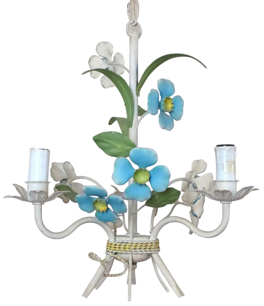 Charming Florentine Chandelier Painted Metal Tole Flowers 60's Italian Ceiling