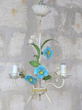 Load image into Gallery viewer, Charming Florentine Chandelier Painted Metal Tole Flowers 60&#39;s Italian Ceiling
