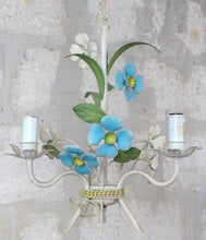 Load image into Gallery viewer, Charming Florentine Chandelier Painted Metal Tole Flowers 60&#39;s Italian Ceiling
