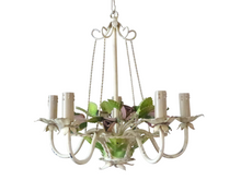 Load image into Gallery viewer, Charming Florentine Chandelier Painted Metal Tole Flowers 60&#39;s Italian Cage
