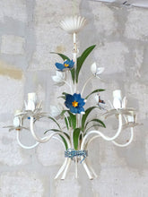 Load image into Gallery viewer, Charming Florentine Chandelier Painted Metal Tole Flowers 60&#39;s Italian Ceiling
