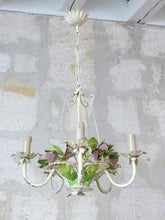 Load image into Gallery viewer, Charming Florentine Chandelier Painted Metal Tole Flowers 60&#39;s Italian Cage
