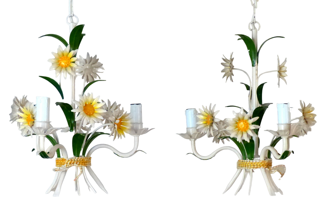 Charming PAIR Florentine Chandelier Enameld Metal Tole Flowers Italian Ceiling