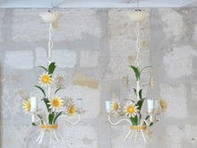 Load image into Gallery viewer, Charming PAIR Florentine Chandelier Enameld Metal Tole Flowers Italian Ceiling
