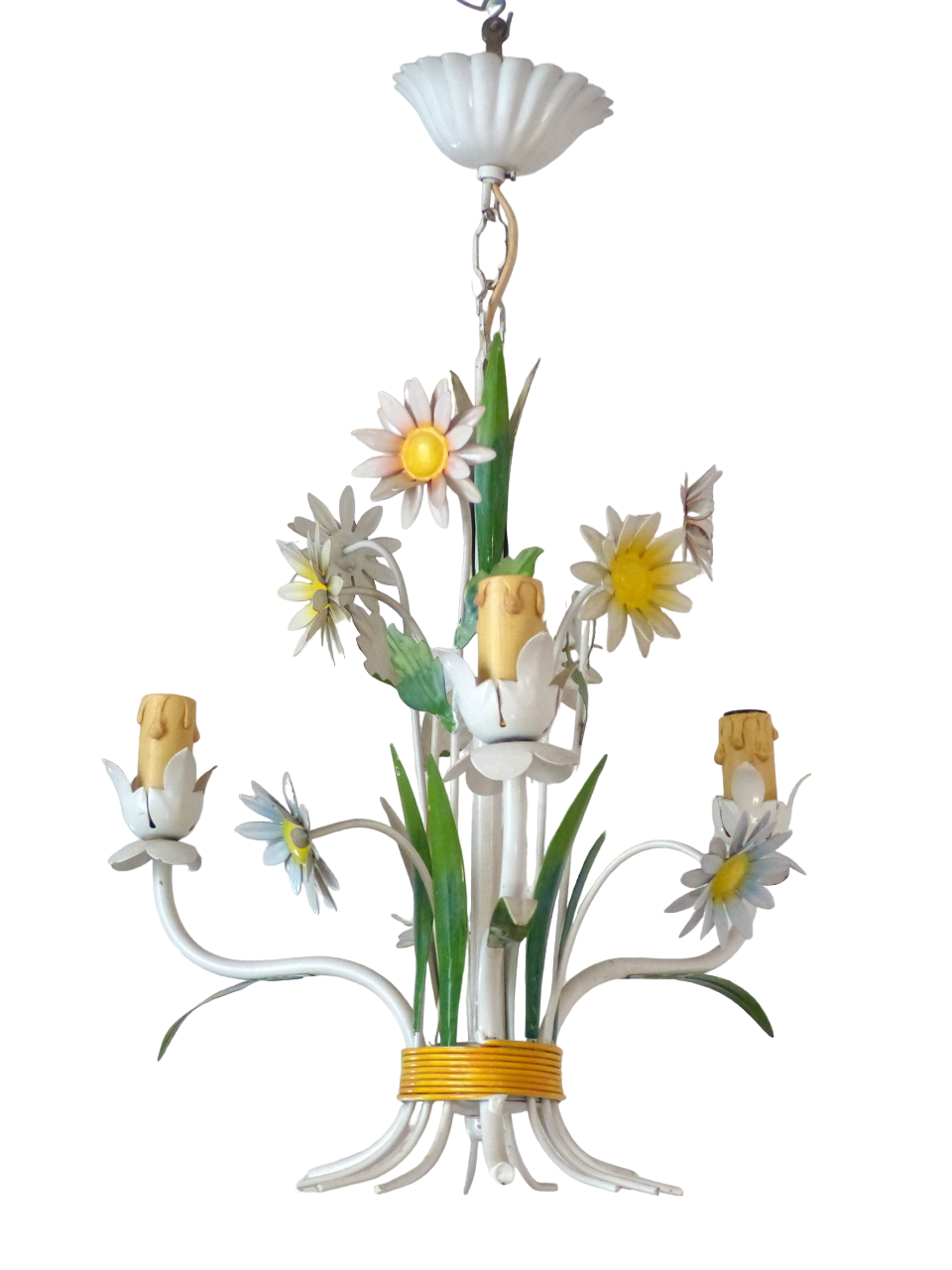 Charming Florentine Chandelier Painted Metal Tole Flowers 70's Italian Ceiling 8