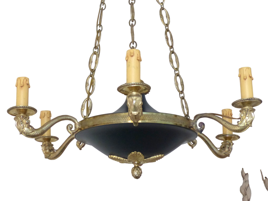 Antique French 6 Arms Ormolu Bronze Brass Tole Chandelier Ceiling Empire 1930