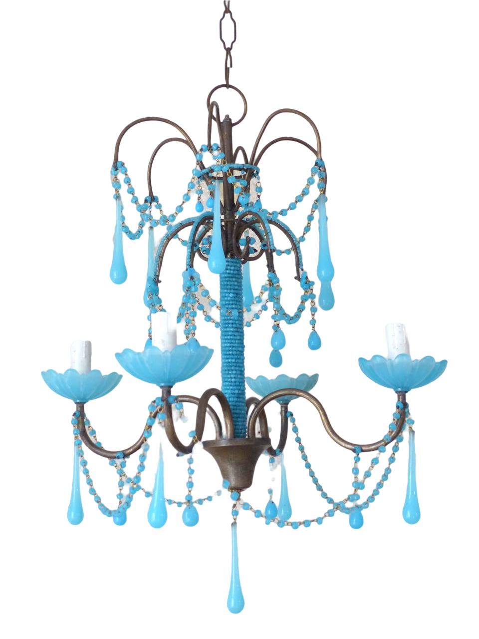 Antique Chandelier Aqua Blue Opaline Drops Cup Beads 1940 MURANO RARE 4 lights