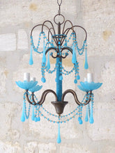 Load image into Gallery viewer, Antique Chandelier Aqua Blue Opaline Drops Cup Beads 1940 MURANO RARE 4 lights
