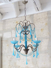 Load image into Gallery viewer, Antique Chandelier Aqua Blue Opaline Drops Cup Beads 1940 MURANO RARE 4 lights
