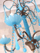 Load image into Gallery viewer, Antique Chandelier Aqua Blue Opaline Drops Cup Beads 1940 MURANO RARE 4 lights
