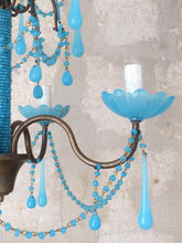 Load image into Gallery viewer, Antique Chandelier Aqua Blue Opaline Drops Cup Beads 1940 MURANO RARE 4 lights
