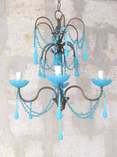 Load image into Gallery viewer, Antique Chandelier Aqua Blue Opaline Drops Cup Beads 1940 MURANO RARE 4 lights
