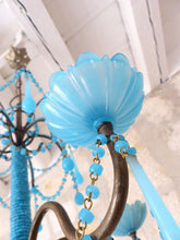 Load image into Gallery viewer, Antique Chandelier Aqua Blue Opaline Drops Cup Beads 1940 MURANO RARE 4 lights
