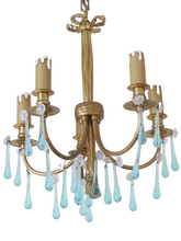 Load image into Gallery viewer, Charming French Vintage Bronze Louis XVI Chandelier Blue Glass Drops Ribbon 1970
