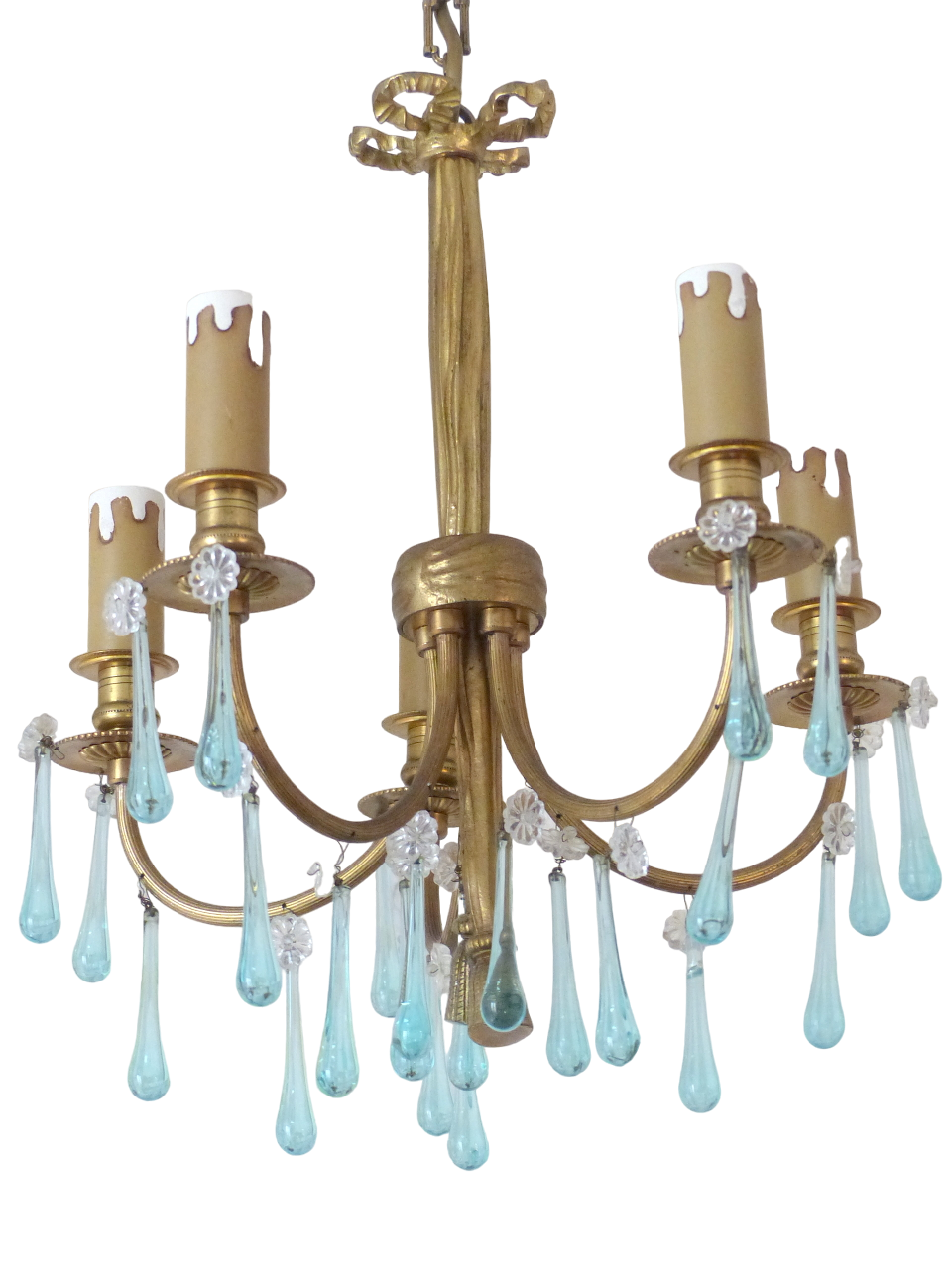 Charming French Vintage Bronze Louis XVI Chandelier Blue Glass Drops Ribbon 1970