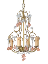 Load image into Gallery viewer, Vintage Chandelier Pink Drops Flowers Prisms Beads Italian Gilded 4 Lights 1940
