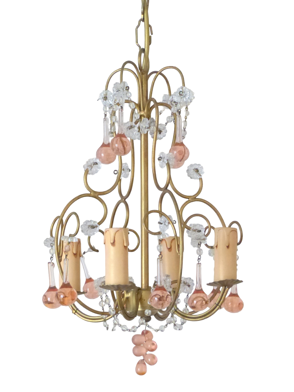 Vintage Chandelier Pink Drops Flowers Prisms Beads Italian Gilded 4 Lights 1940