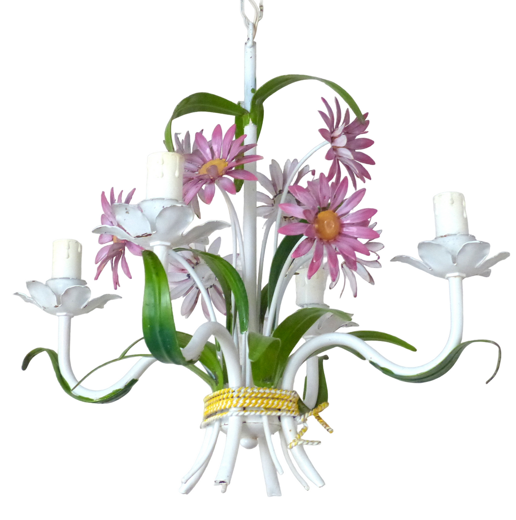 Charming Florentine Chandelier Ceiling Painted Metal Tole Flowers 60's Italian 4